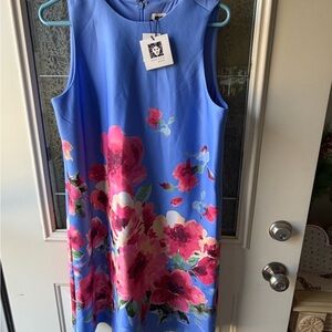 Anne Klein Blue Dress with Red Floral Accents
